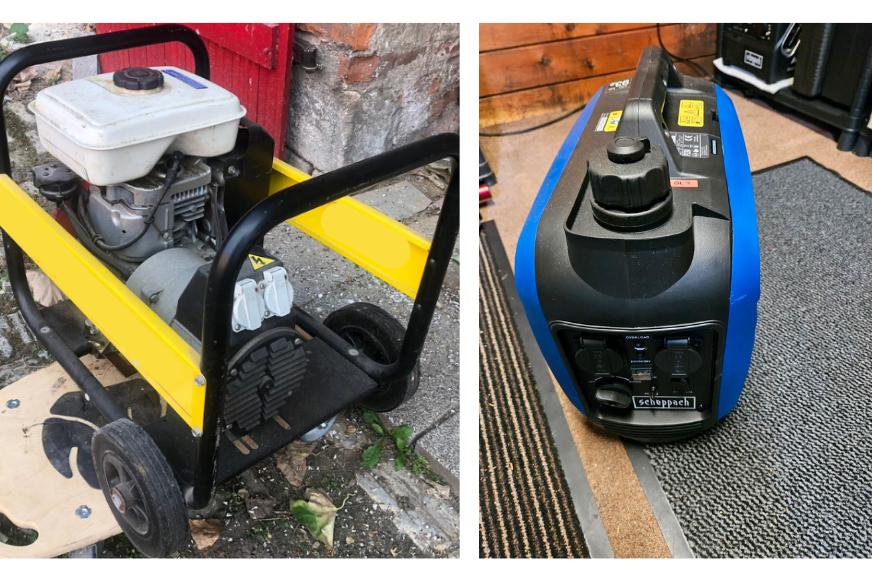 Ein altes Notstromaggregat wird mit einem neuen verglichen und man sieht, dass die Geräte deutlich kompakter und moderner geworden sind.